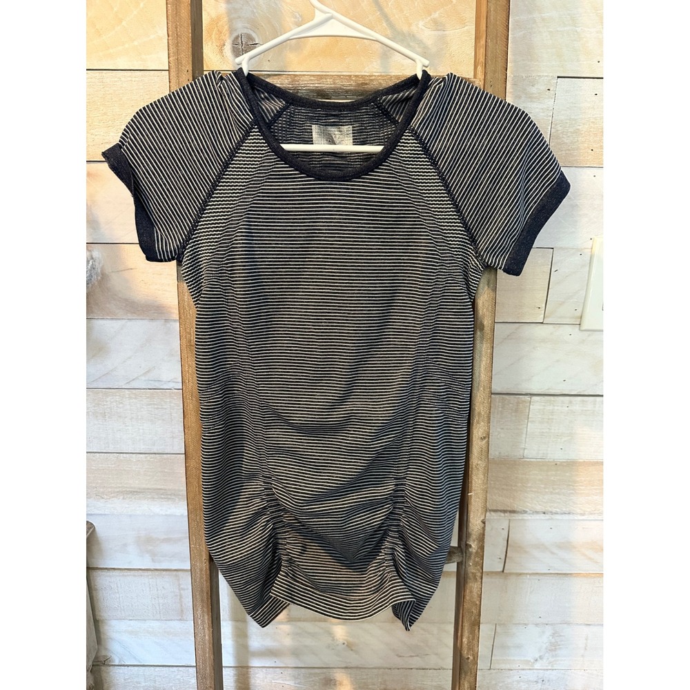 Athleta Striped Seamless Ruched Side Short Sleeve Activewear Top Navy White XS